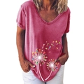 Women's V-neck summer T-shirt in dusty rose with creative cocktail dandelion print - S / Cocktail Dandelion (355X) - Top / Rose Red