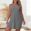 Detail view of v-neck sleeveless lounge dress in soft dark gray breathable fabric - S / Gray