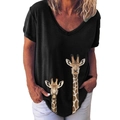 Women's black V-neck short sleeve T-shirt featuring creative cartoon giraffe prints - S / Twin Giraffes (405X) - Top / Black