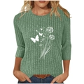 Detail of green ribbed knit fabric showing white butterfly and dandelion prints - S / Light Green