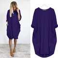 Elegantes tiefviolettes lockeres Midikleid mit langen Ärmeln und großen Funktionstaschen - S / Lila