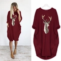 Macro view of burgundy long sleeve dress featuring leopard deer print and side pockets - S / Burgundy