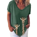 Women's V-neck army green T-shirt featuring a creative giraffe print design - S / Top - Twin Giraffes (405X) / Army Green