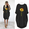 Oversized black long sleeve sunflower butterfly print dress with never give up text - S / Black