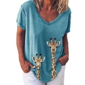 Women's V-neck T-shirt in peacock blue featuring two cute cartoon giraffe illustrations - S / Top - Twin Giraffes (405X) / Blue