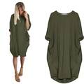 Robe midi ample vert armée élégante avec manches longues et grandes poches latérales - S / Vert Militaire