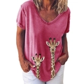 Women's V-neck casual short sleeve T-shirt in vintage pink with giraffe graphic print - S / Top - Twin Giraffes (405X) / Rose Red