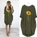 Olive green summer dress detail with sunflower butterfly print and side pockets - S / Army Green