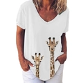White V-neck short sleeve T-shirt featuring creative giraffe print for casual women wear - S / Tops / White (Giraffe-405X)