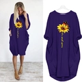 Abito viola da donna a maniche lunghe con stampa girasole farfalla e tasche laterali - S / Viola