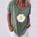 T-shirt col en V vert pour femmes avec imprimé marguerite et éclair, mode d'été 2025 chic - S / Vert Militaire