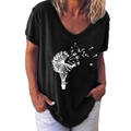 Detail van de witte paardenbloemprint op zwart dames T-shirt met V-hals en korte mouw - S / Zwart