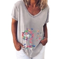 Women's grey V-neck short sleeve T-shirt featuring colorful butterfly dandelion print - S / Tops / Gray (Butterfly Dandelion-626X)