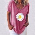 Damen V-Ausschnitt T-Shirt in Vintage-Rosa mit Blitz-Gänseblümchen-Druck, lockere Passform - S / Rosarot