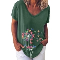 Women's dark green V-neck T-shirt featuring creative dandelion and butterfly print - S / Tops / Army Green