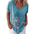 Blue V-neck T-shirt with colorful butterfly and dandelion print in a relaxed casual fit - S / Tops / Blue