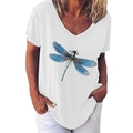 T-shirt da donna bianca con scollo a V, stampa libellula blu e vestibilità comoda - 4XL / Bianco
