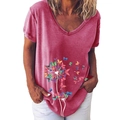 Women's V-neck T-shirt in dark pink featuring a colorful butterfly dandelion print - S / Tops / Rose Red