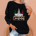 Black crewneck sweatshirt with plaid Christmas trees and Merry Christmas print - 3XL / Tops / Black (841X)
