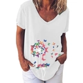 Women's white V-neck short sleeve T-shirt with colorful butterfly dandelion print - S / Tops / White