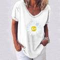 Weißes V-Ausschnitt Gänseblümchen T-Shirt mit Blitz-Grafik für Damen im lockeren Stil - S / Weiß