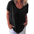 Women's casual loose-fit V-neck short sleeve T-shirt in solid black color cotton - Black