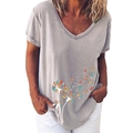 Women's V-neck T-shirt in light grey featuring a creative multi-colored kitten dandelion print - S / Cat Dandelion Top (627X) / Gray
