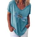T-shirt da donna con scollo a V e stampa libellula in blu vintage vestibilità comoda - S / Blu