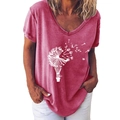 Detail van een T-shirt met V-hals en korte mouwen met witte paardenbloem print - S / Roze