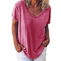 Women's loose V-neck short sleeve T-shirt in dark dusty pink with subtle marled texture - Pink
