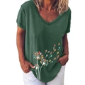 Dark green V-neck T-shirt with creative cat dandelion floral print for women - S / Cat Dandelion Top (627X) / Army Green
