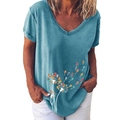 Sky blue V-neck short sleeve T-shirt with artistic cat and dandelion print for women - S / Cat Dandelion Top (627X) / Blue
