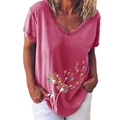 Women's V-neck dark pink t-shirt featuring creative colorful cat dandelion print - S / Tops / Rose Red (Cat Dandelion)