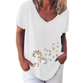 Women's V-neck short sleeve T-shirt in white with creative colorful cat dandelion print - S / Tops / White (Cat Dandelion)