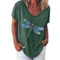 T-shirt femme col en V vert armée avec imprimé libellule bleue aux détails fins - S / Vert Militaire
