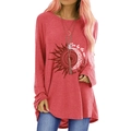 Coral red long sleeve T-shirt with sun and moon print and boho lettering design - S / Carmine
