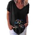 Women's black V-neck T-shirt with colorful dandelion and paw print creative graphic - S / Tops / Black (Paw Print Dandelion)