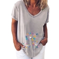 Women's grey V-neck short sleeve T-shirt with colorful footprint and dandelion print - S / Tops / Gray (Paw Print Dandelion)