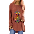 Damen Langarmshirt in Rostbraun mit buntem Ananas-Print und Rundhalsausschnitt - S / Braun