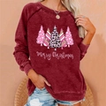 Women's burgundy Christmas sweatshirt with pink leopard trees and Merry Christmas text - 3XL / Tops / Wine Red (839X)