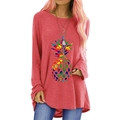 Women's coral long sleeve tunic featuring a colorful tie-dye pineapple graphic print - S / Carmine