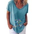 Women's V-neck T-shirt in grey-blue with colorful paw print dandelion graphic design - S / Tops / Blue (628X)