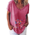Deep pink V-neck T-shirt with colorful paw print dandelion patterns for women - S / Tops / Rose Red (628X)