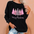 Women's black loose sweatshirt featuring pink Christmas tree prints and festive text - 3XL / Tops / Black (839X)