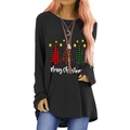 Zwart dames T-shirt met lange mouwen, geruite kerstbomen en tekst Merry Christmas - S / Zwart