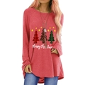 Women's long sleeve Christmas tree T-shirt in brick red color with Merry Christmas print - S / Carmine