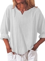Camicia casual bianca in cotone e lino con scollo a V e maniche lunghe da donna - S / Bianco