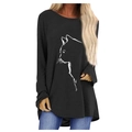 Elegant loose-fit black long sleeve T-shirt with a minimalist white cat silhouette print - S / Black