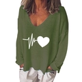 Detail of army green V-neck long sleeve top with creative white heart print design - S / Army Green