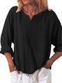Camicetta casual in cotone e lino nero da donna con scollo a V e maniche lunghe morbide - S / Nero